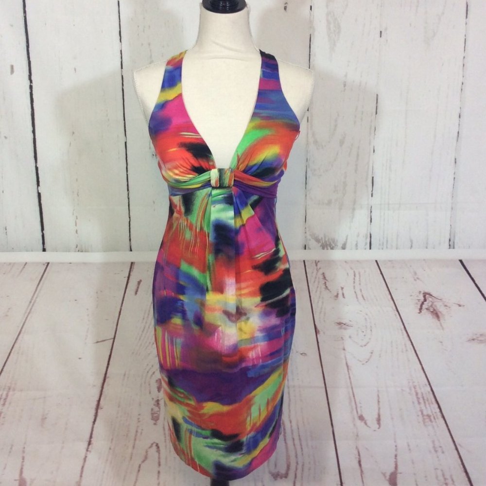 NWT Cache‎ Halter Dress Sexy Knit Colorful Plunge Neck Tropical Bodycon Size 10